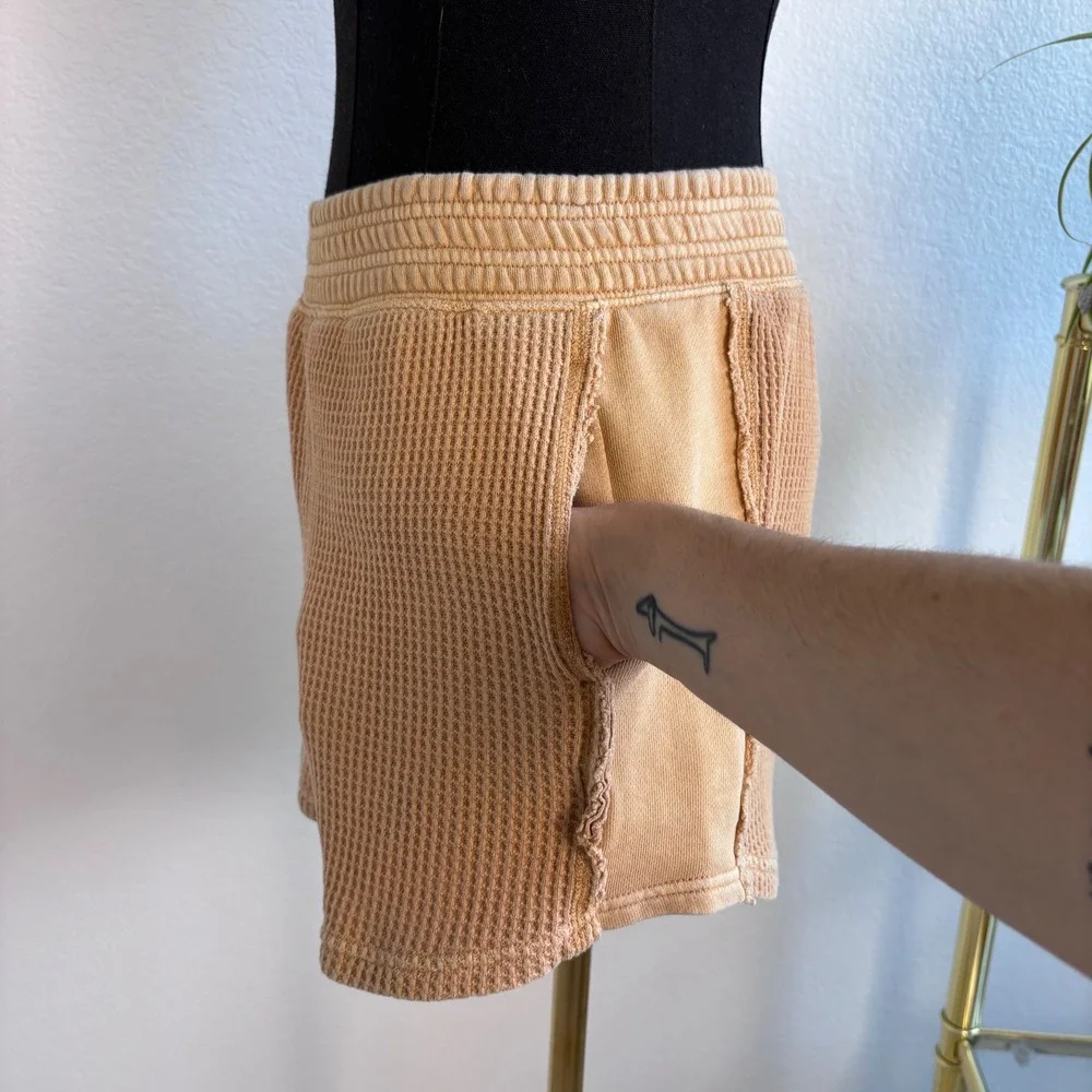 Aerie Womens XS Tan Waffle Knit Lounge Shorts High Waisted Thermal Smocked Waist